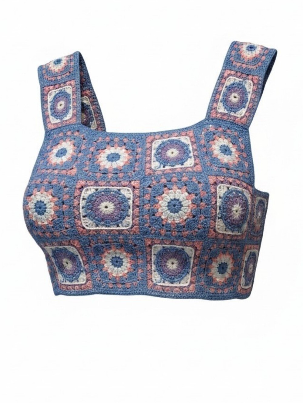 Cider Crochet Square Crop Top in Blue, Pink & White